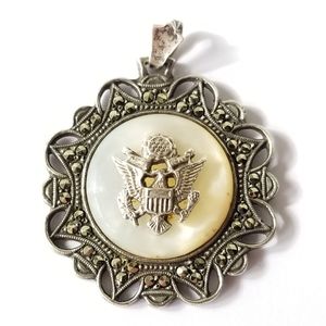Vintage Army Pendant Sterling Silver Marcasite Mother of Pearl Military